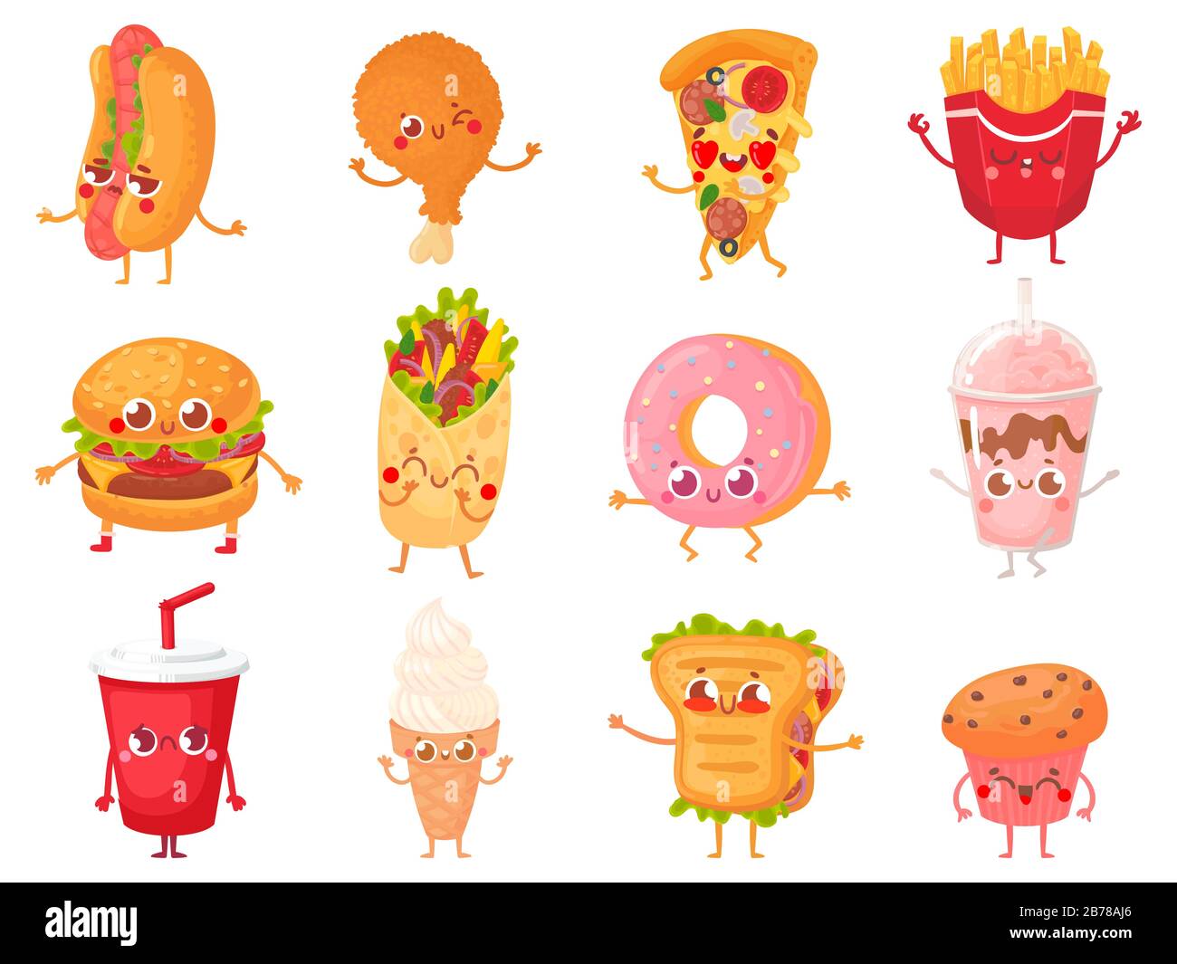 Cartoon fast Food Maskottchen. Street-Food-Charakter, pommes frites und Pizza Mascot Vector Illustration Set Stock Vektor