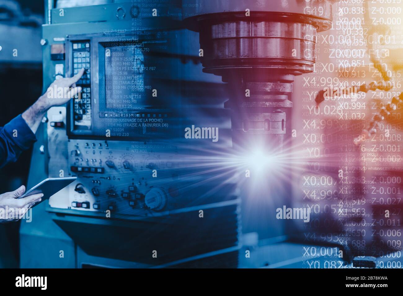 CNC-Maschinensetup Programmiersteuerung mit G-Code-Konzept. Stockfoto