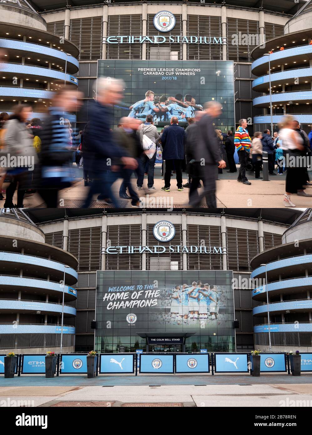 Ein zusammengesetztes Foto, das das Etihad Stadium, Heimstadion von Manchester City am 22-04-2018 (oben) und 14-03-2020 (unten) zeigt. Stockfoto