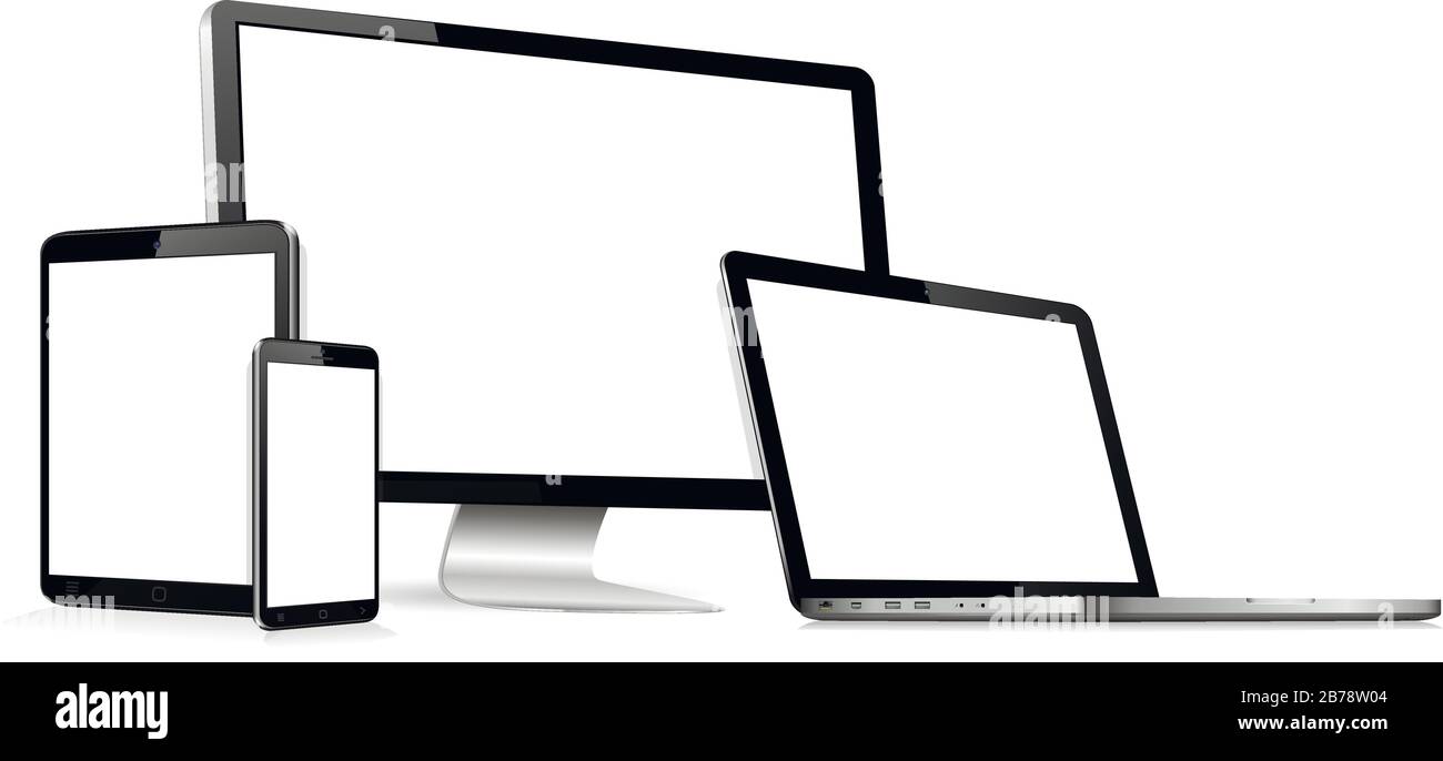 Reaktionsschnelles Web-Design-Computerdisplay, Laptop, Tablet-pc mit isoliertem Mobiltelefon Stock Vektor