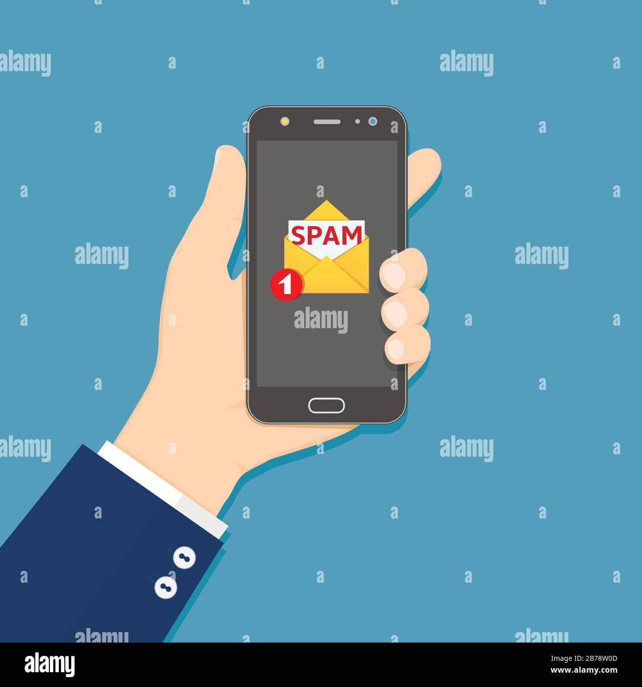 Smartphone mit Spam-E-Mail auf dem Bildschirm in der Hand halten. Konzept der Spam-E-Mail-Benachrichtigung auf dem Mobiltelefon. Vektorgrafiken in flacher Ausführung. Stock Vektor