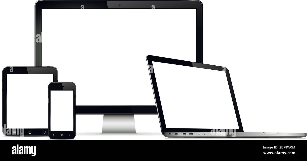 Satz von schwarzen Bildschirmen mit Computer Monitor, Laptop, Tablet-PCS und Smartphones Stock Vektor