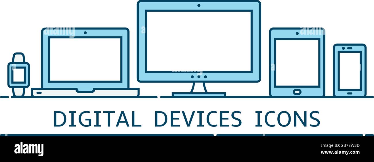 Moderne Symbole für reaktionsschnelles Web-Design in flacher Farbe: Computerbildschirm, Laptop, Smartphone, Tablet, Smartwatch Stock Vektor