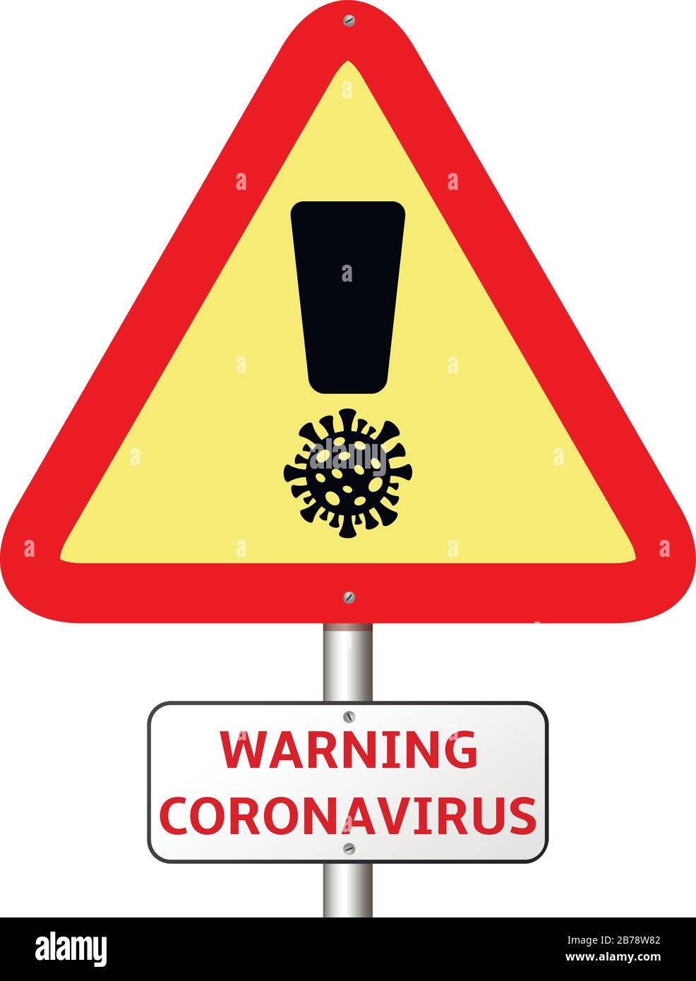 Dreiecksverbot oder Warnzeichen, das ein Ausrufezeichen in abstrakter Form des Coronavirus darstellt Stock Vektor