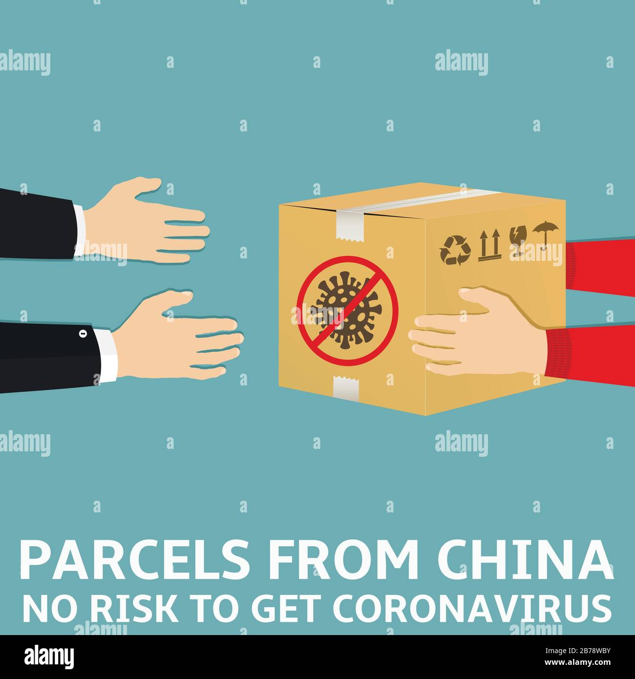 Paket aus China. Kein Risiko, Coronavirus zu bekommen, flache Darstellung Stock Vektor