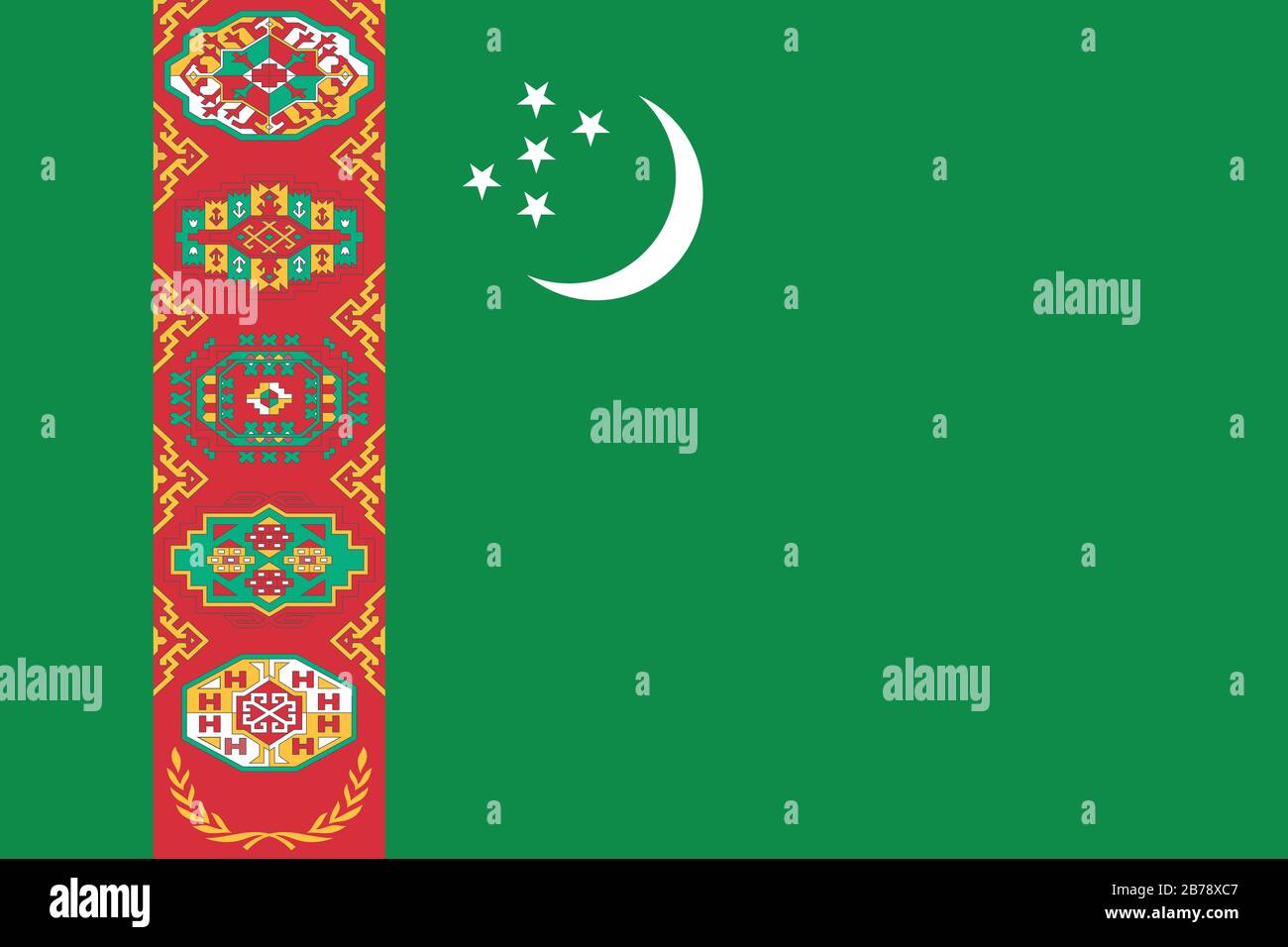 Flagge Turkmenistans - Standardverhältnis der Turkmenen-Flagge - True RGB-Farbmodus Stockfoto