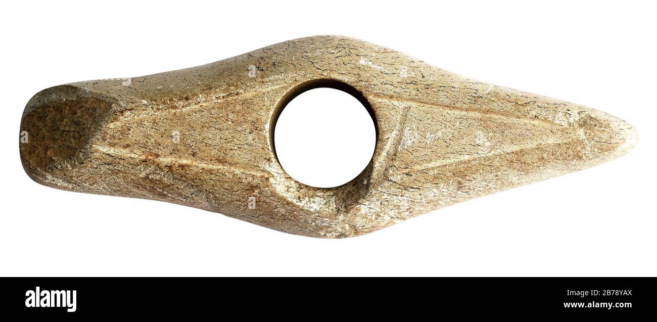 Geperforeerde bijl (Strijdhamer) in amfiboliet von Serpentiniet, 2000 bis 1800 VC, vindplaats- Webbekom-Assent, veldweg ten noorden van de autosnelweg Stockfoto