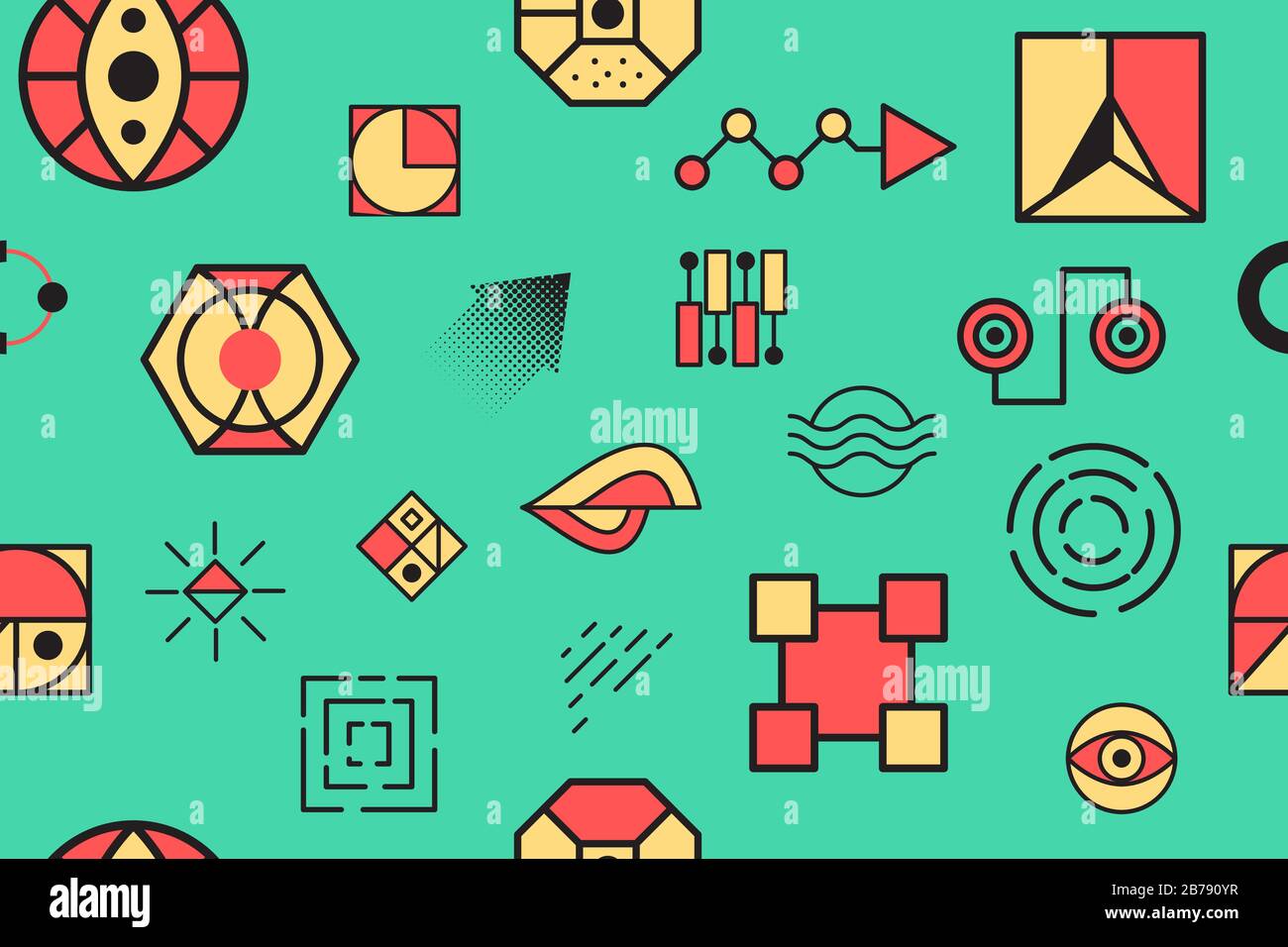 Hipper-Illustration auf blauem Hintergrund. Designelement wiederholen. Modernes Memphis-Minimal-geometrisches Muster. Textiles Design. Banner, Postervorlage. Verzierung. Stock Vektor