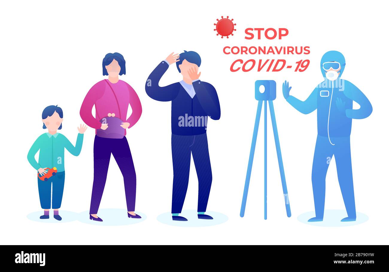 Quarantäne während der Coronavirus Epidemie. Mann im Schutzanzug Sicherheitskleidung mit Wärmebildkamera überprüft eine Familie von Menschen Stock Vektor