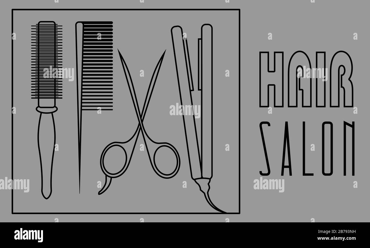 Set mit vier schwarzen kontur-barber-Werkzeugen auf grauem Hintergrund: Rundkamm, Haarbürste, Schere und Haareisen Stock Vektor