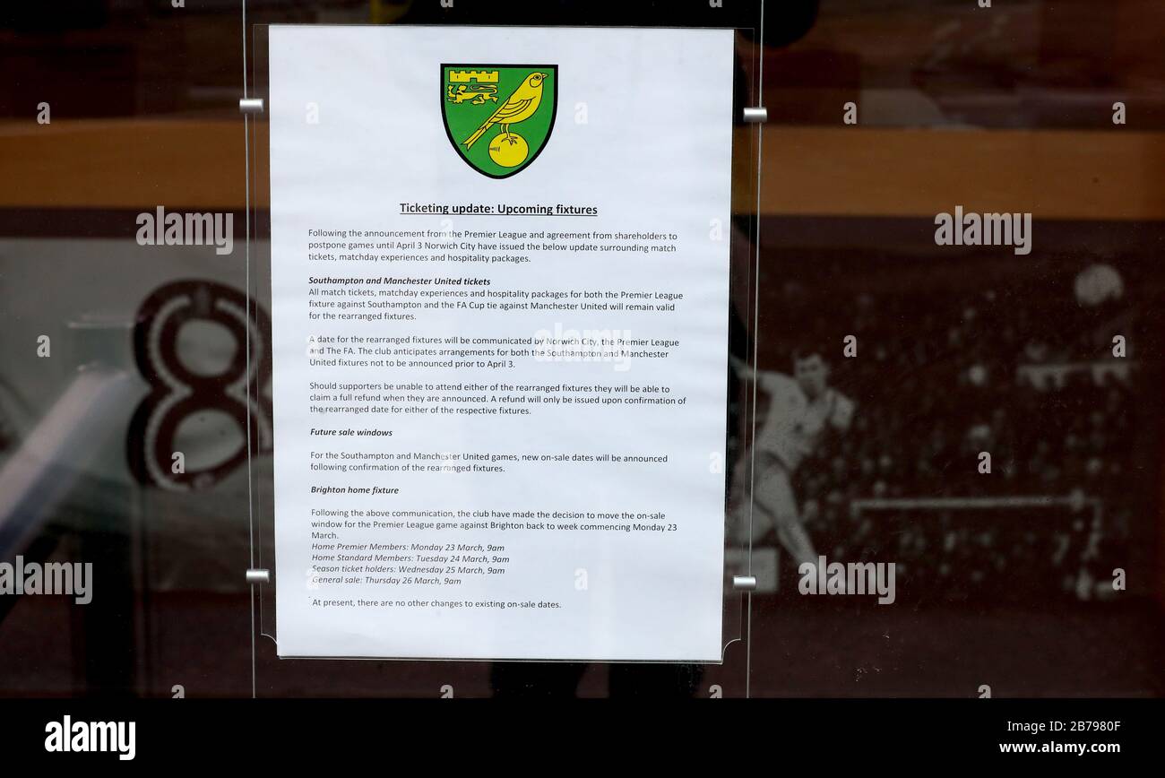 Allgemeiner Blick außerhalb von Carrow Road, dem Sitz des Norwich City Football Club, nach der gestrigen Ankündigung, dass die Premier League alle Spiele bis Samstag, den 4. April 2020, ausgesetzt hat. Stockfoto