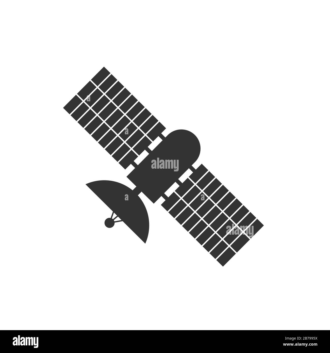 Satellitensymbol mit einer Antenne und Solarmodulen. Einfaches flaches Design für Logos, Apps und Websites. Stock Vektor