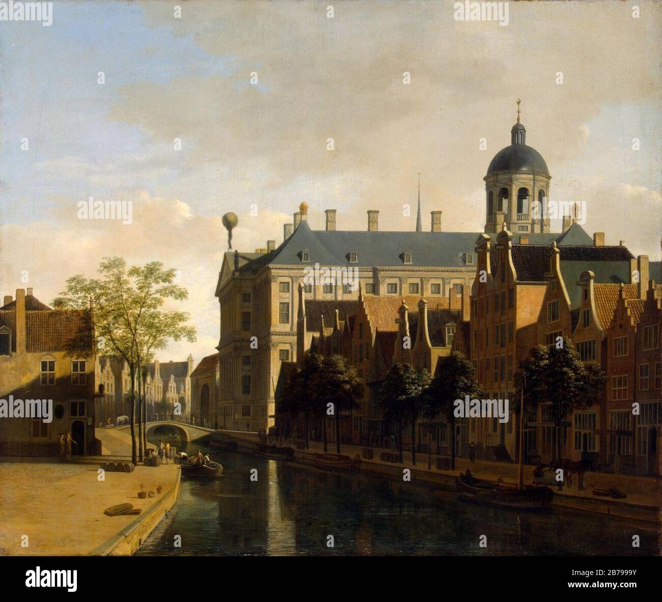 Gerrit Berckheyde - Blick auf die Nieuwezijds Voorburgwal mit dem Rathaus von Amsterdam. Stockfoto