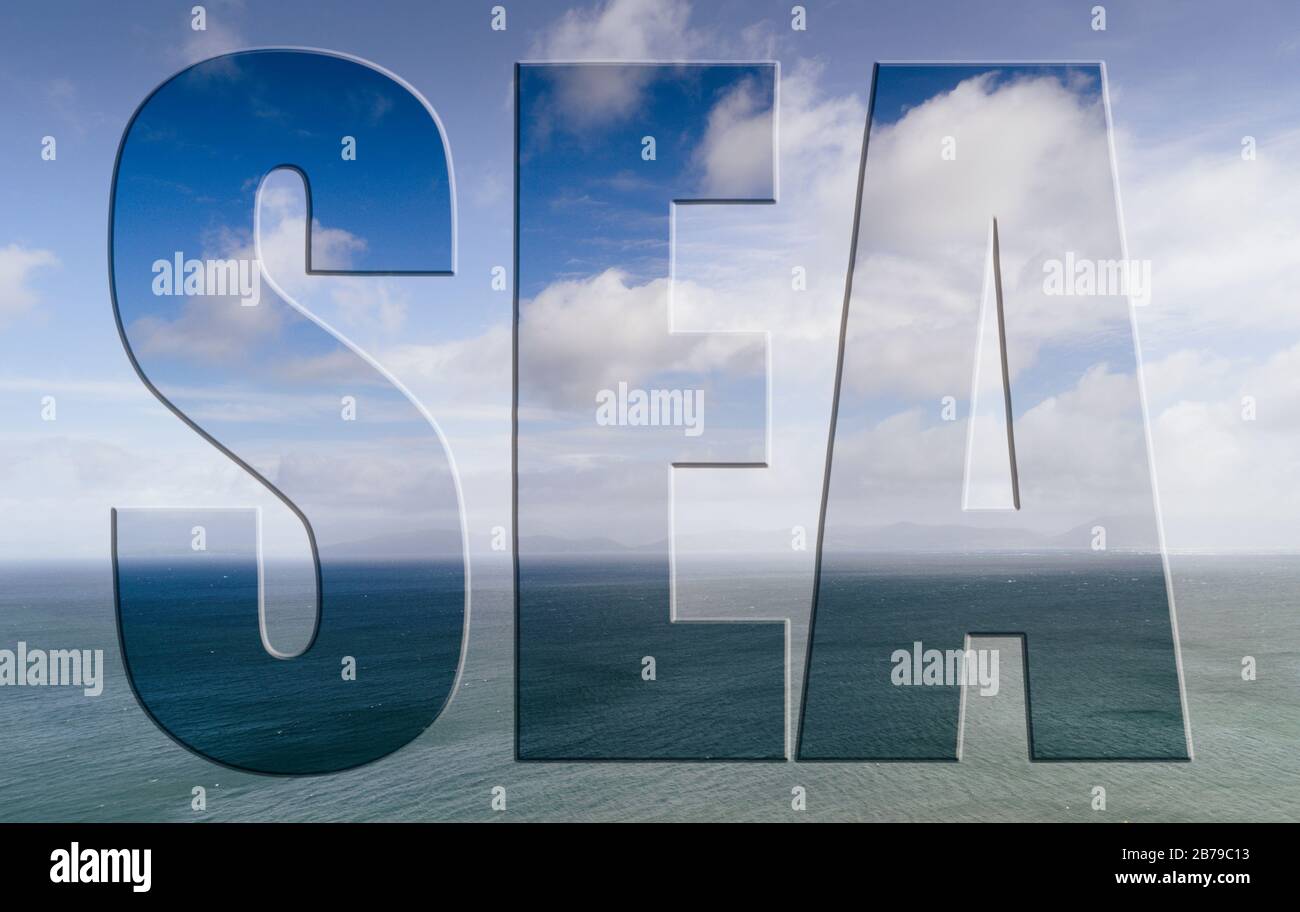 Hintergrund der Meereslandschaft mit dem Wort Meer in 3D. Stockfoto