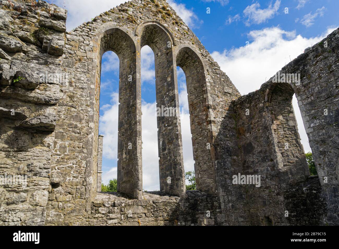 Panoramablick auf die Ruinen von Cong Abbey im County Mayo in Irland, blaue Wolke und weiße Wolken. Stockfoto Panoramablick auf die Ruinen von Cong Abbey im County Mayo in Irland, blaue Wolke und weiße Wolken. Stockfoto