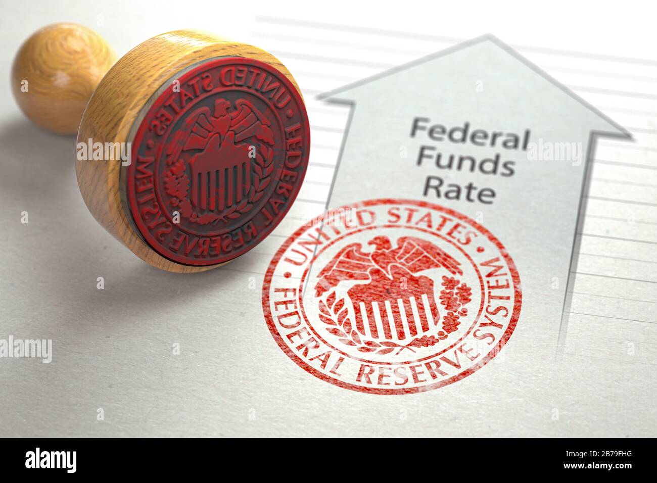 Erhöhung der Federal Funds Rate. Pfeil mit Wachstum des Bundesfondssatzes und Stempel des Federal Reserve FRS-Symbols. 3D-Abbildung Stockfoto