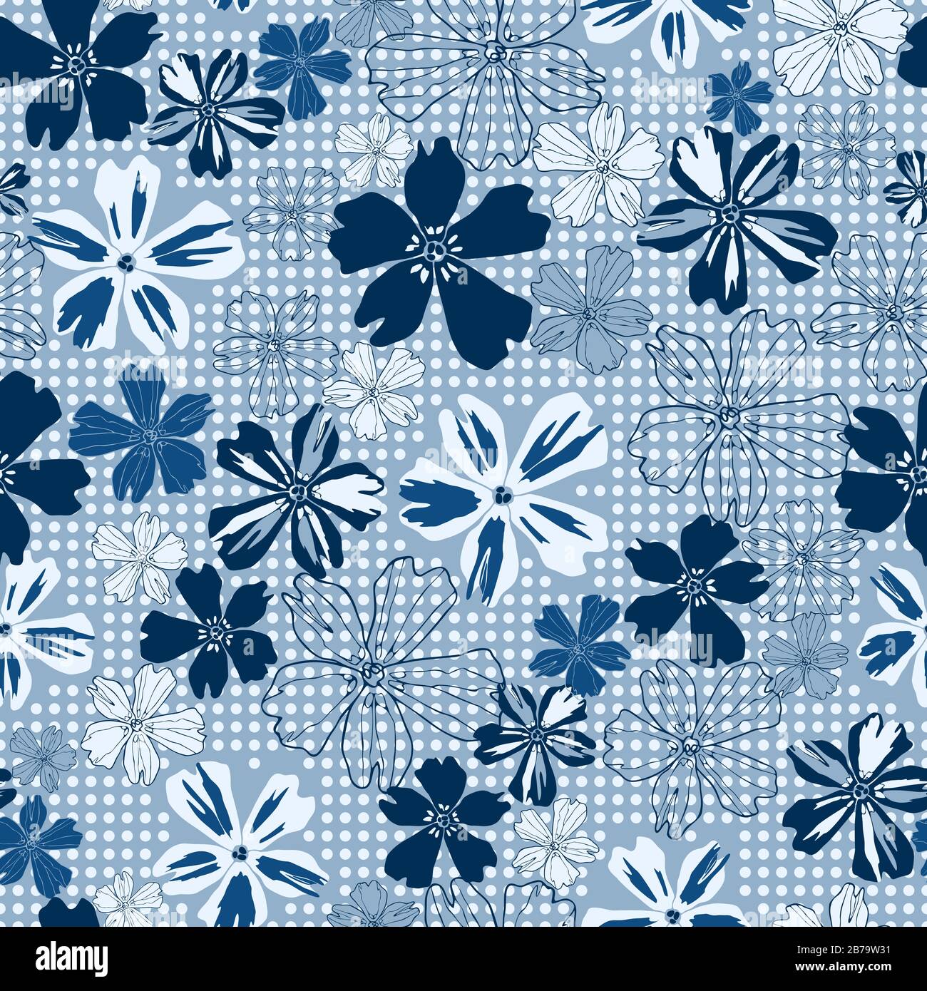 Blau getönte, monochromatische Blumen verschiedener Größen, verteilt auf einem gestrichelten Hintergrundvektor nahtlose Oberfläche, nicht-direktionales Repetiermuster. EPS. Stock Vektor