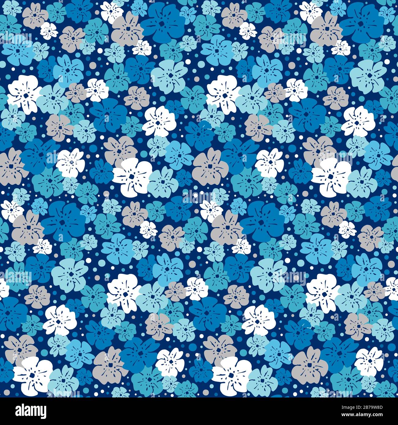 Blaue, weiße und silbergraue Blumen mit Punkten in verschiedenen Größen, die auf einem marineblauen Hintergrundevektor verstreut sind, nahtloses Repetiermuster und Hintergrund, eps. Stock Vektor
