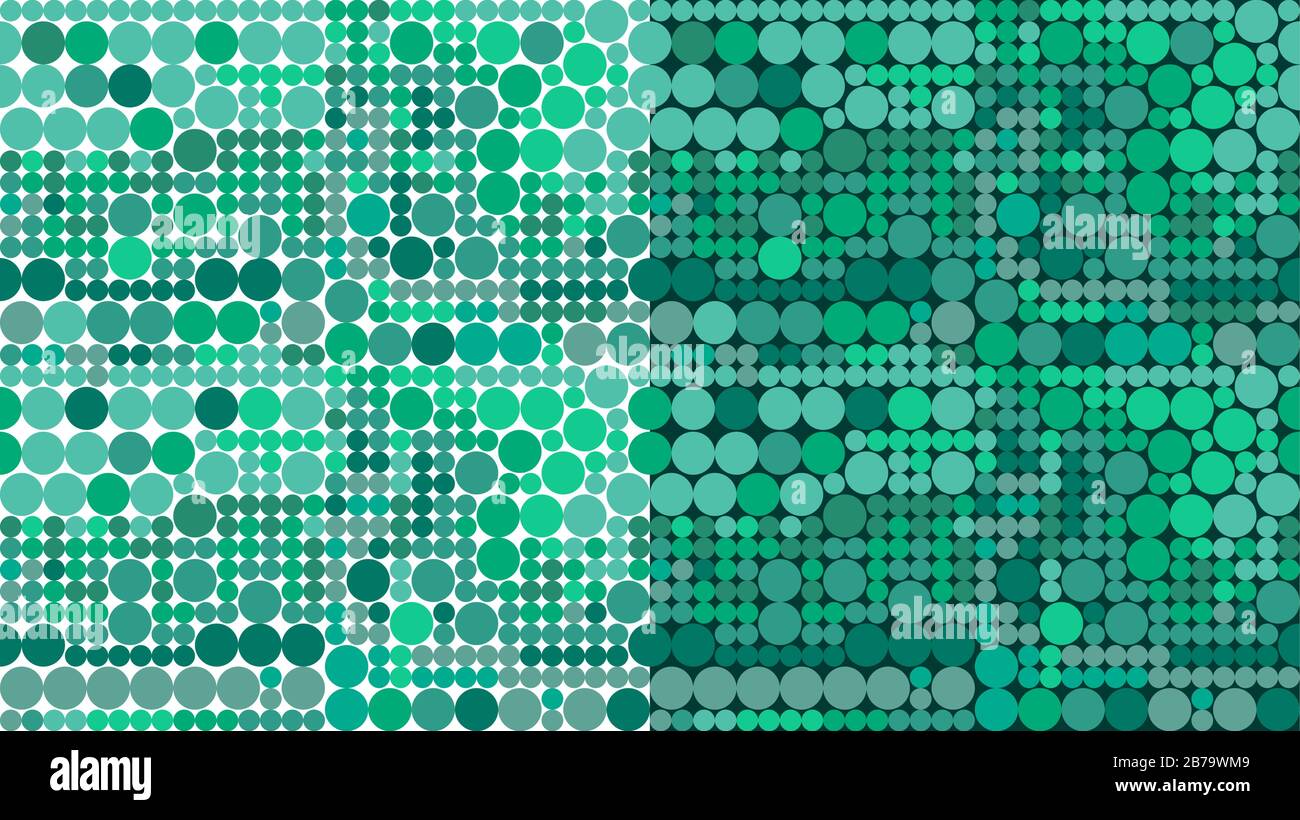 Eine Sammlung von zwei nahtlosen Vektorflächenmustern. Einfacher Hintergrund mit geometrischen, mehrfarbigen Kreisen. Einer auf weiß, der andere auf dunkelgrün. Stock Vektor