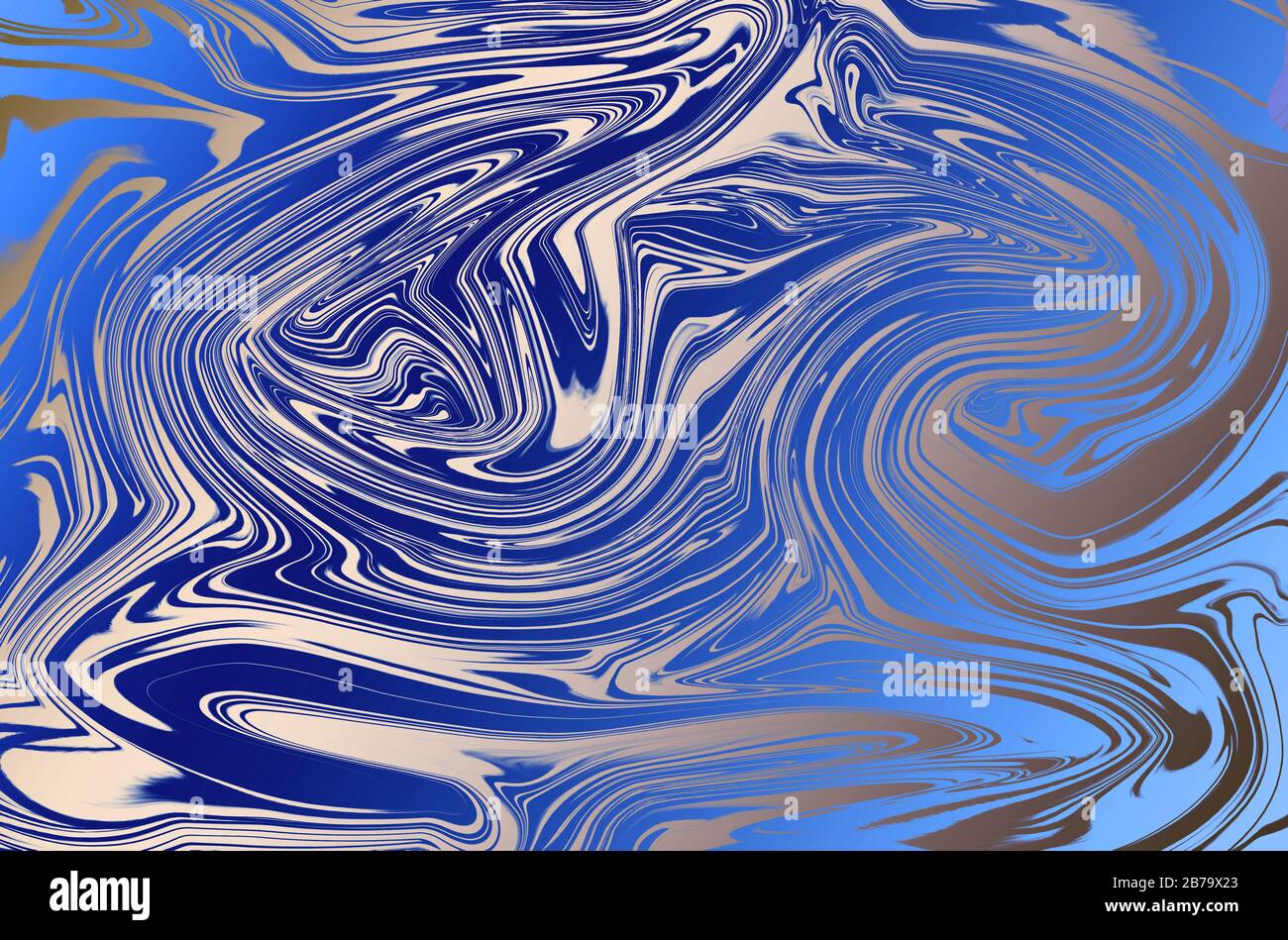 Abstrakter digital generierter Hintergrund mit verflüssigtem Effekt in trandigen Blau- und Silberfarben. Luxuriöse digitale Kunstvorlage für Verpackung, Verpackung, Schrott Stockfoto
