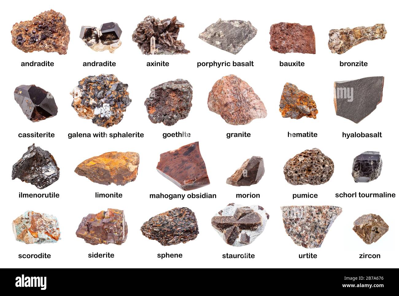 Satz verschiedener, ungeschliffener Mineralien mit Namen (Delhayelit,  Kupfer, Feuerstein, Selenit, Braun, Dacit, Dolomit, Sandstein, Quarzit,  Baryte, Hmatit Stockfotografie - Alamy