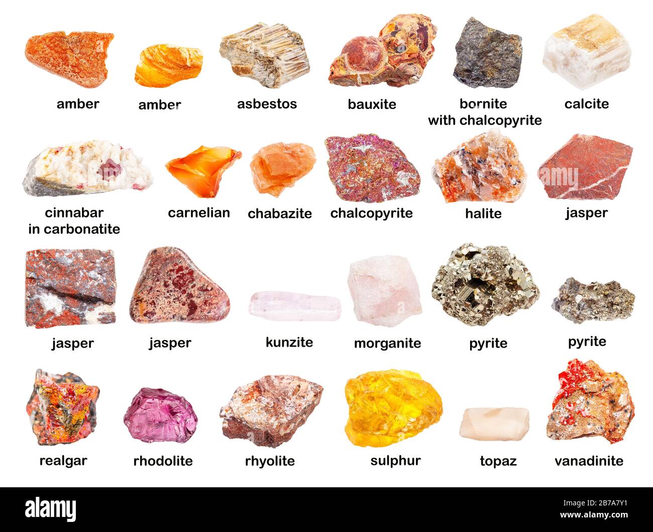 Satz verschiedener ungeschliffener roter und oranger Steine mit Namen (Jaspis, Realgar, Zinnober, Pyrit, Chabazit, Morganit, Cornelian, Amber, Rhodolith, Pyrop Stockfoto