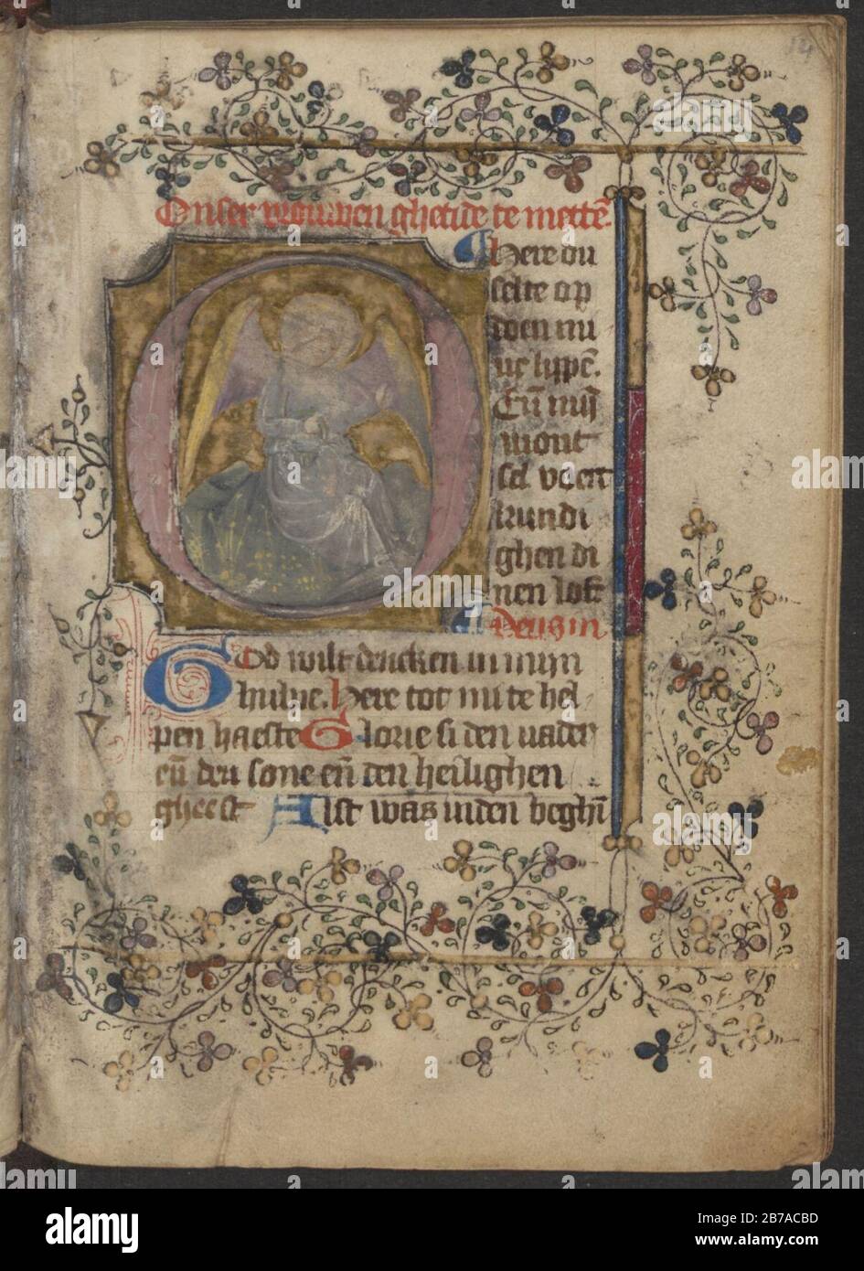 Getijdenboek-UBU Hs. 16 B 8-f. 014r-Initiaal met een engel met de doornenkroon. Stockfoto