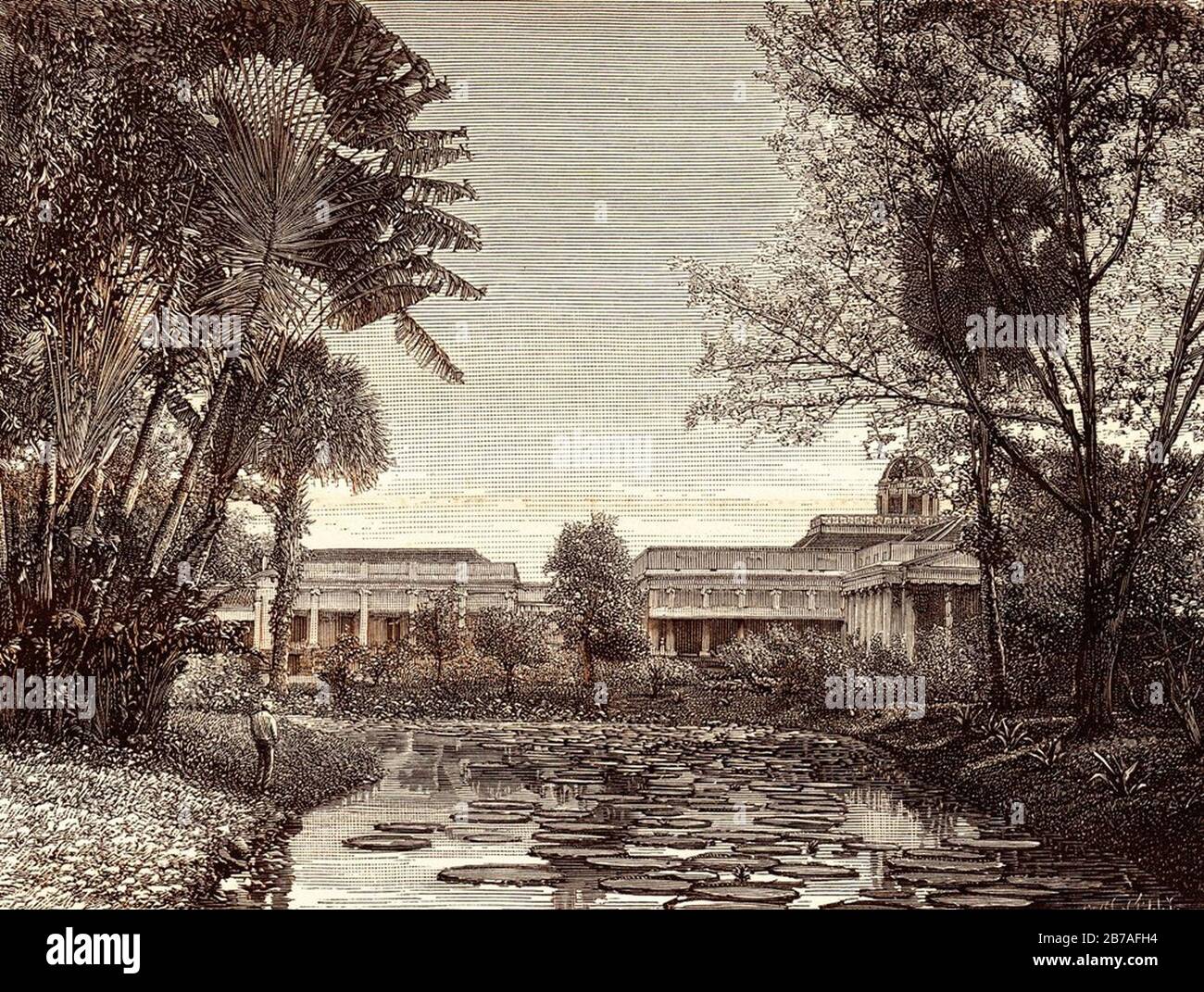 Gezicht op het paleis van de gouverneur generaal uit's lands plantentuin te Buitenzorg. Stockfoto