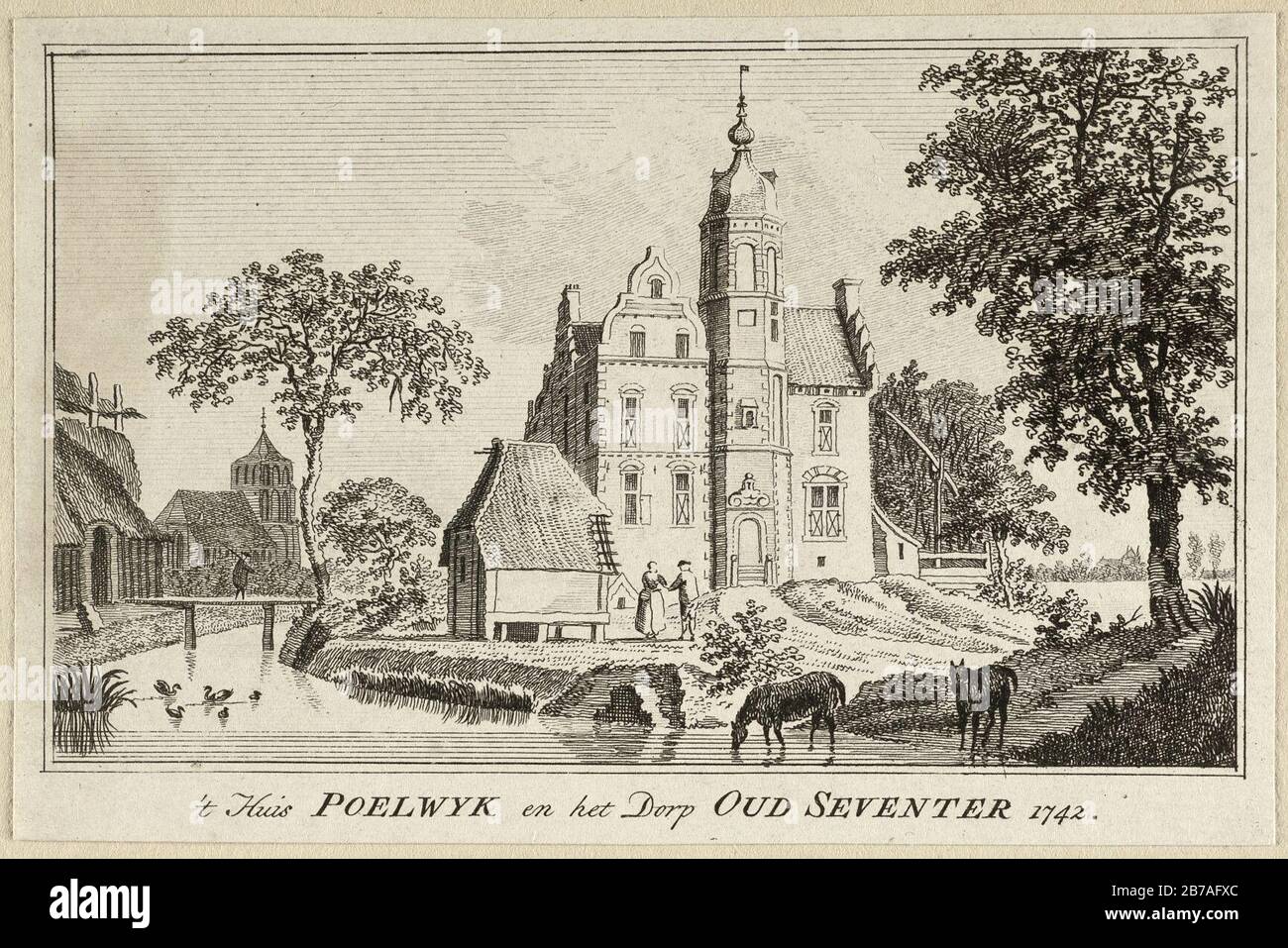 Gezicht op Kasteel Poelwijk Huis Poelwijk nabij het Duitse dorp Elten, 1742. Stockfoto