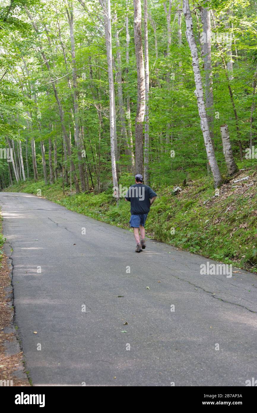Man joggt auf Der Weeks State Park Road in Lancaster, New Hampshire. Diese Straße führt zum John Wingate Weeks Estate auf dem Gipfel des Mt. Interessent. Buil Stockfoto