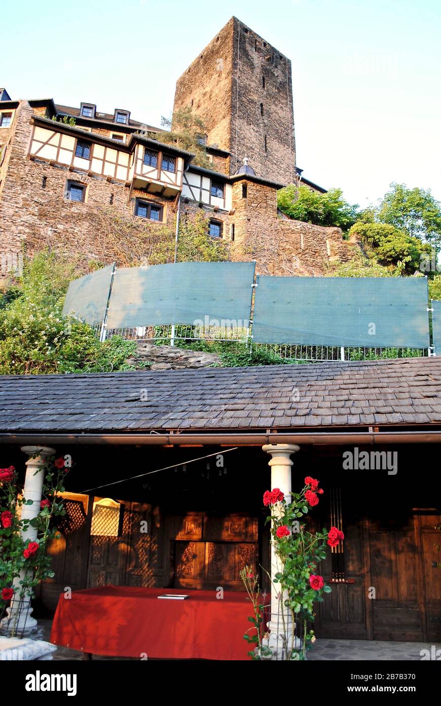 Burghotel Schloss auf Schönburg (auf Schönburg) in Oberwesel, Deutschland über dem Oberrheintal. Gärten im Freien mit roten Rosen. Stockfoto