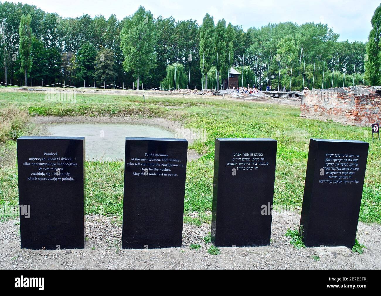 Auschwitz-Birkenau: Polnische, englische, hebräische, jiddische Steine "zur Erinnerung an die Männer, Frauen und Kinder, die dem völkermord der nazi zum Opfer gefallen sind". Stockfoto