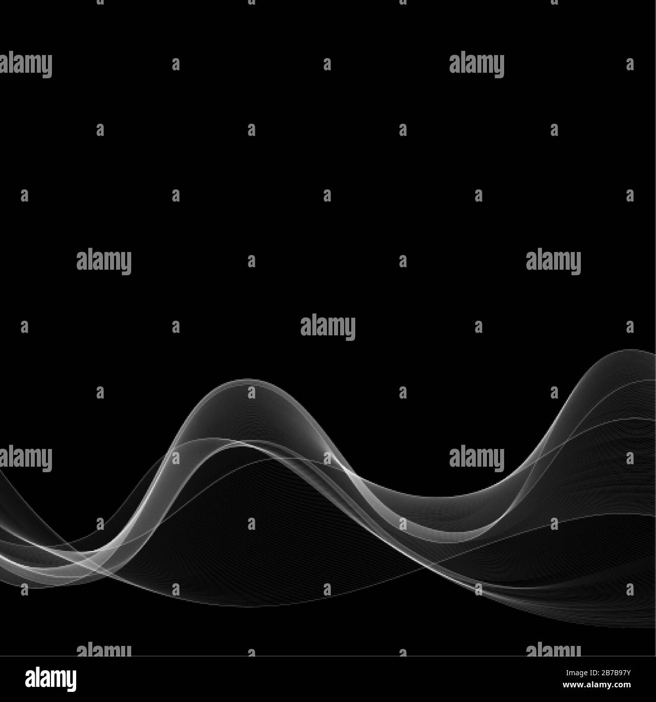 Abstrakte, rauchige Welle: Weiße Linien auf schwarzem Hintergrund. Vektorlayout für die Gestaltung von Broschüren, Flugblättern und Werbebannern Stock Vektor
