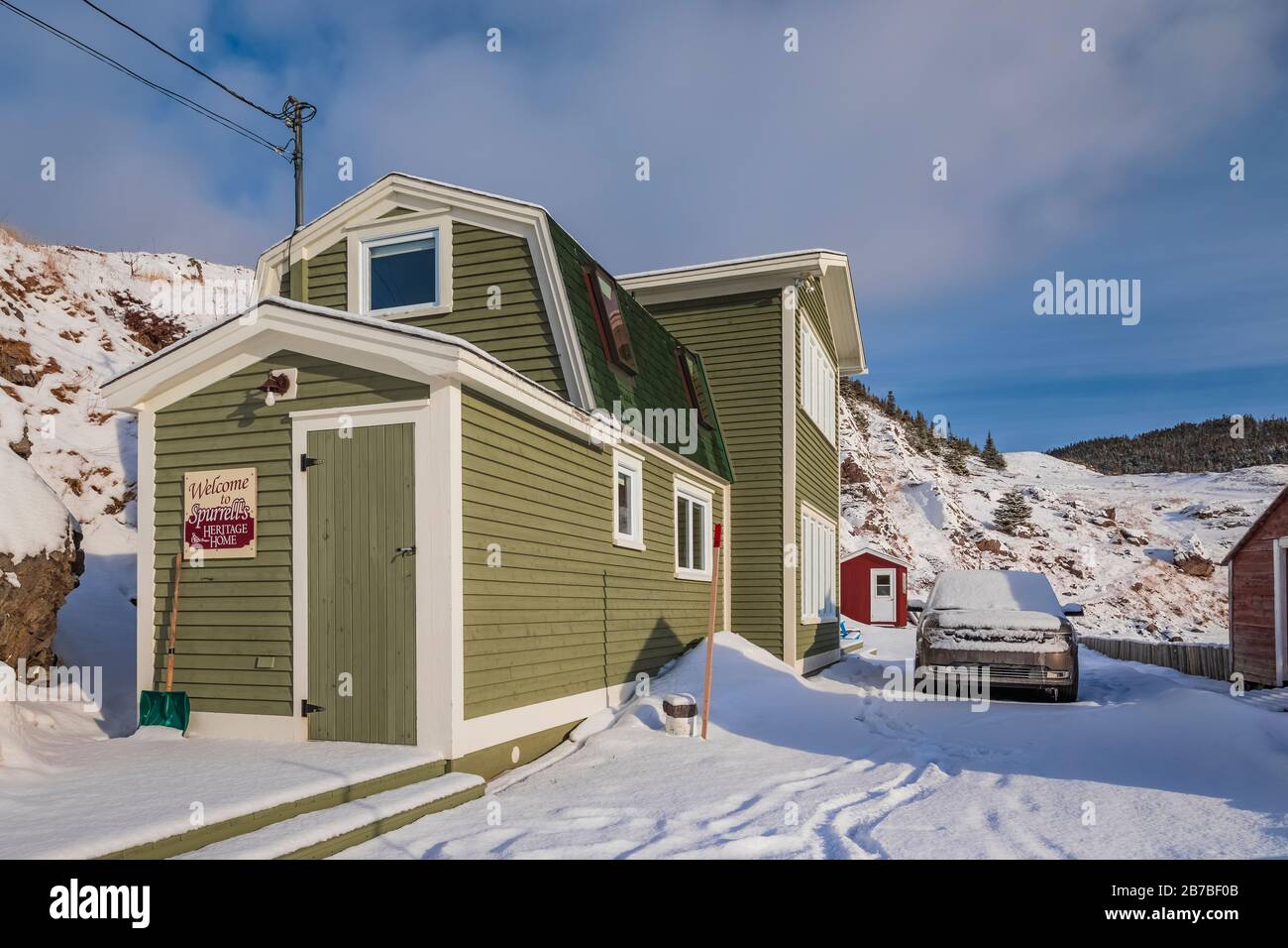 Purrell's Heritage House, ein uriges altes Fischerfamilienhaus und jetzt ein Airbnb in Dunfield, Neufundland, Kanada [keine Eigentumsfreigabe; verfügbar für Stockfoto