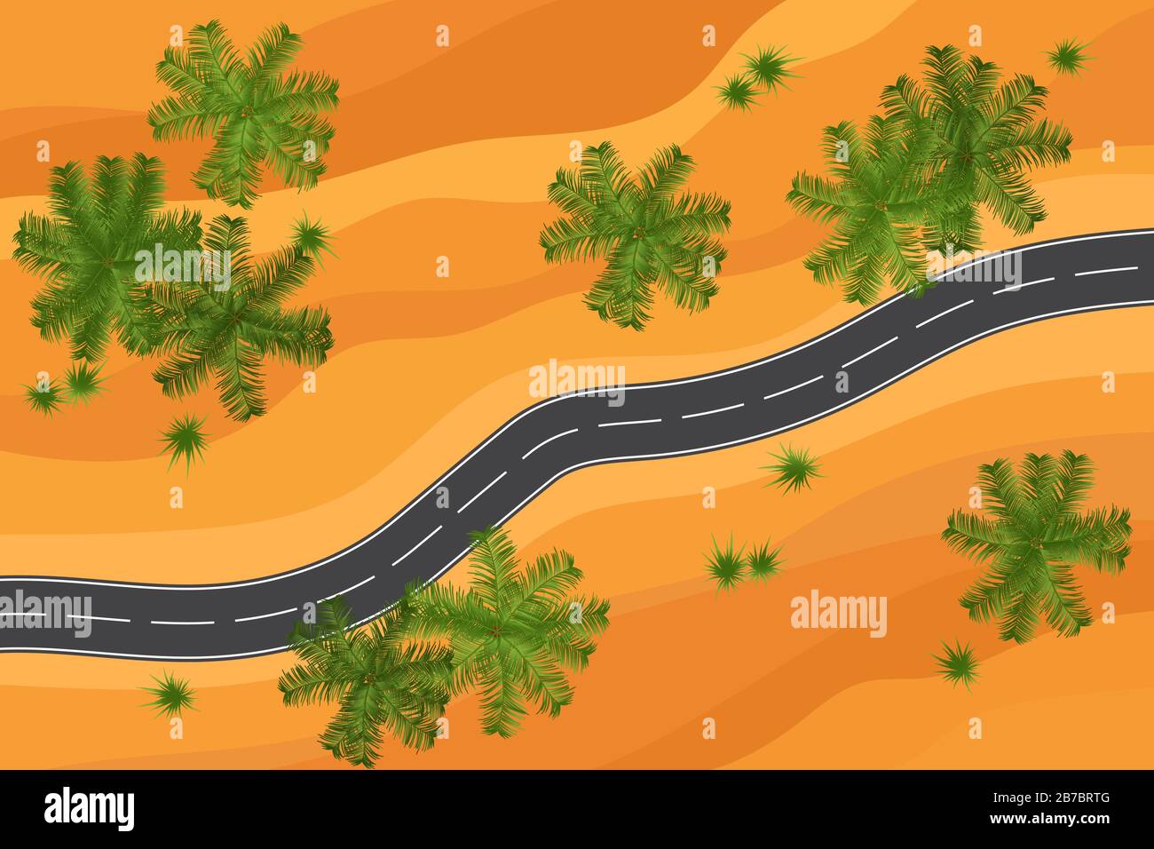 Und leere Wüsten und Palmen Straßenansicht Vektorgrafiken. Reise- oder Safarikonzept Stock Vektor