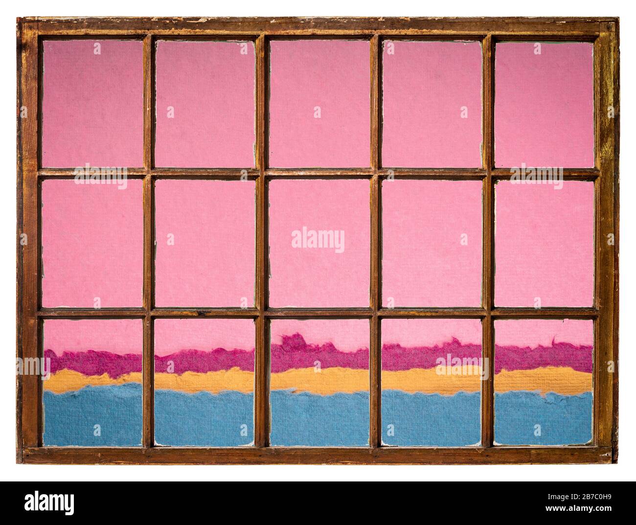 Abstrakte rosafarbene Abenddämmerung oder Morgendämmerung über der Seenlandschaft von einem Vintage-Fenster aus gesehen, abstrakt mit Blättern aus strukturiertem farbenfrohem indischer handgefertigter PAP Stockfoto