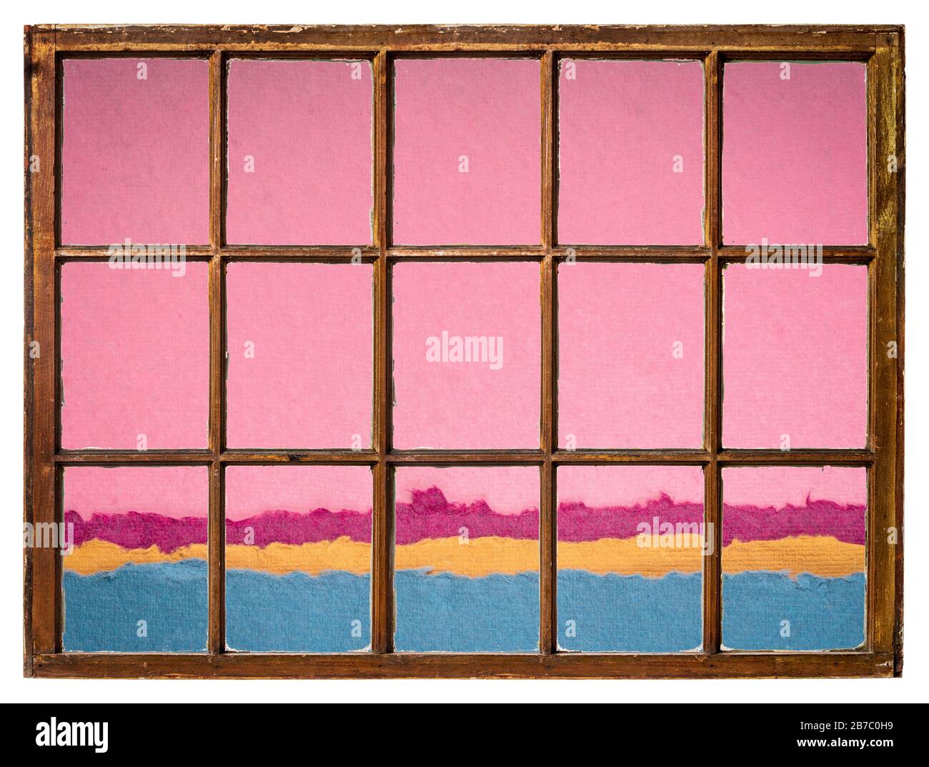 Abstrakte rosafarbene Abenddämmerung oder Morgendämmerung über der Seenlandschaft von einem Vintage-Fenster aus gesehen, abstrakt mit Blättern aus strukturiertem farbenfrohem indischer handgefertigter PAP Stockfoto Abstrakte rosafarbene Abenddämmerung oder Morgendämmerung über der Seenlandschaft von einem Vintage-Fenster aus gesehen, abstrakt mit Blättern aus strukturiertem farbenfrohem indischer handgefertigter PAP Stockfoto