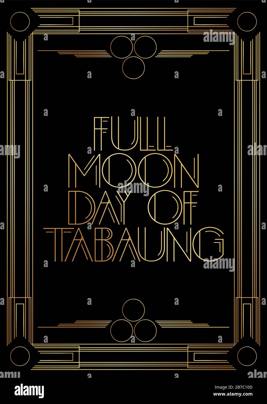 Art Deco Full Moon Day of Tabaung Text - Urlaub in Myanmar (20. März). Goldene dekorative Grußkarte, Schild mit Vintage Stock Vektor