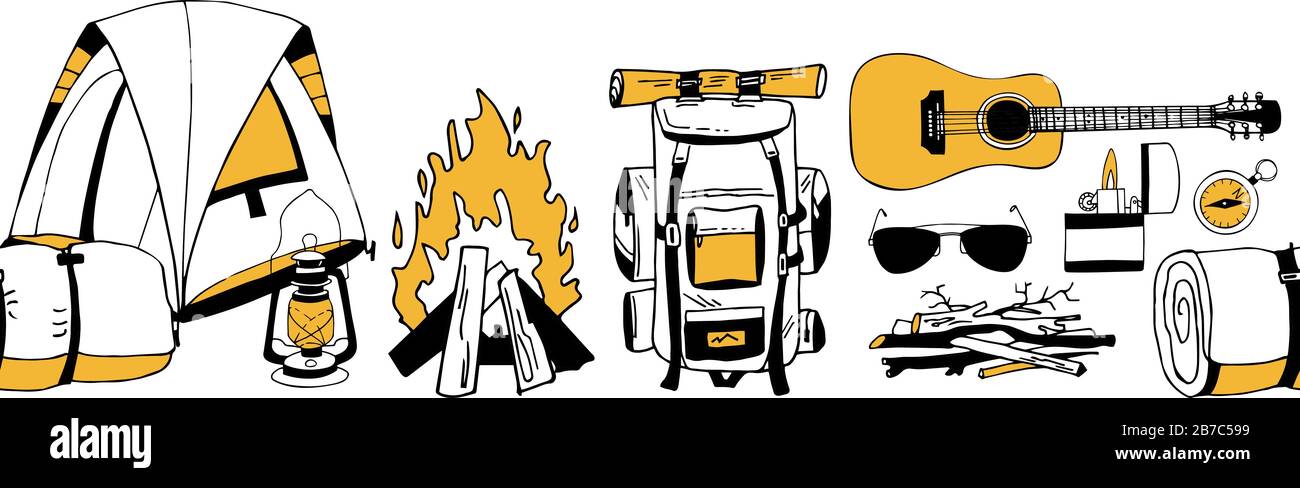 Moderne horizontale nahtlose Rand in schwarz, weiß und gelb Farben. Endloses Muster von Vektorelementen. Campingausrüstung. Zelt, Lagerfeuer, Rucksack Stock Vektor