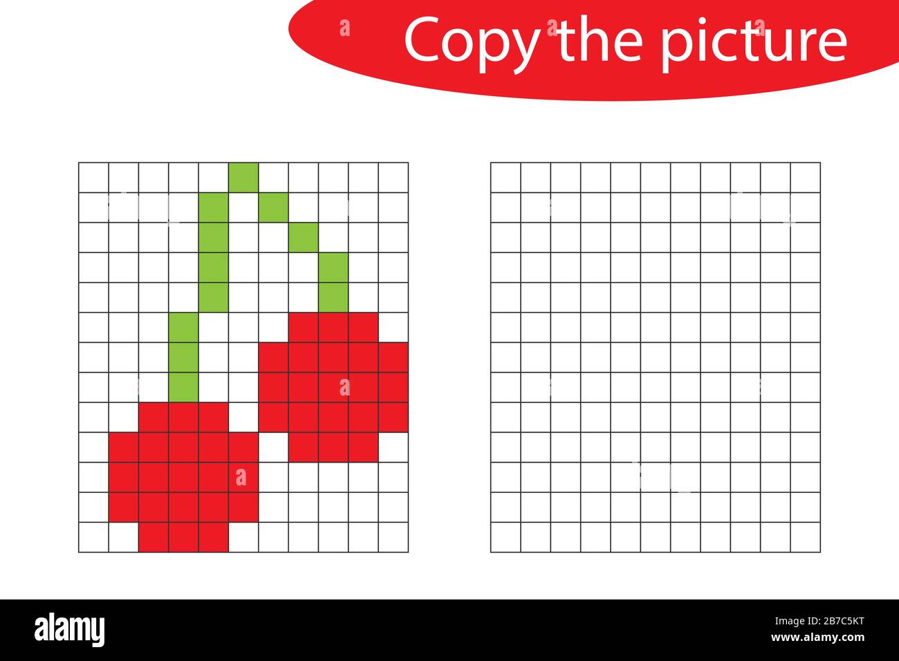 Kopieren Sie das Bild, Pixelkunst, Kirschkaroon, Zeichenfertigkeiten, Lernpapierspiel für die Entwicklung von Kindern, Kindervorschulaktivitäten Stock Vektor