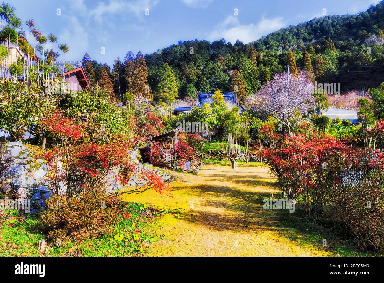 Die Landschaft der örtlichen Bauernhäuser mit Gärten und Hinterhöfen in hellem Sonnenlicht - das abgelegene Bauerndorf Ohara in Japan. Stockfoto