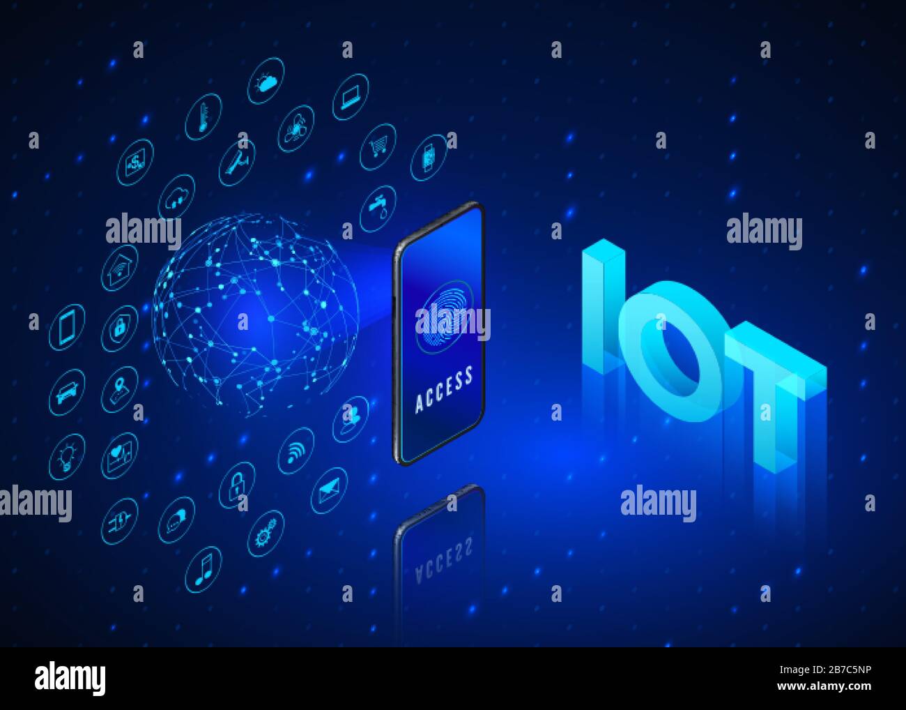 Konzept "Internet of Things". IOT isometrisches Banner. Digitales globales Ökosystem. Überwachung und Steuerung per Telefon. Blauer Technologiehintergrund. Vektor illust Stock Vektor