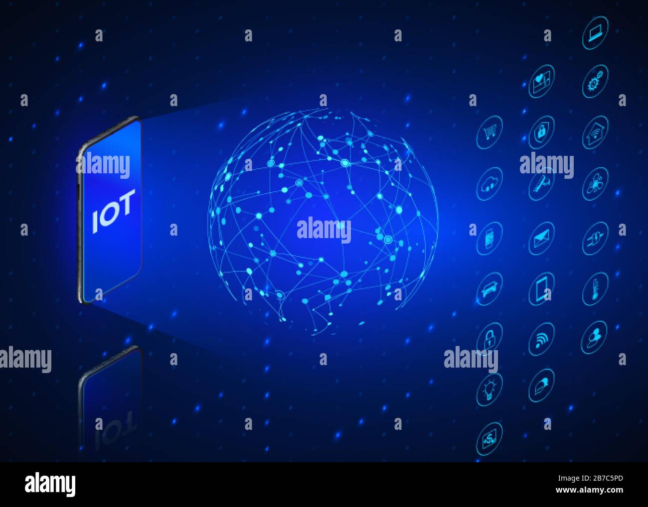 IOT. Isometrische Symbole für das Internet der Dinge festgelegt. Überwachung und Steuerung aller digitalen Systeme über das Mobiltelefon. Technischer Hintergrund in blauen Farben. Vect Stock Vektor