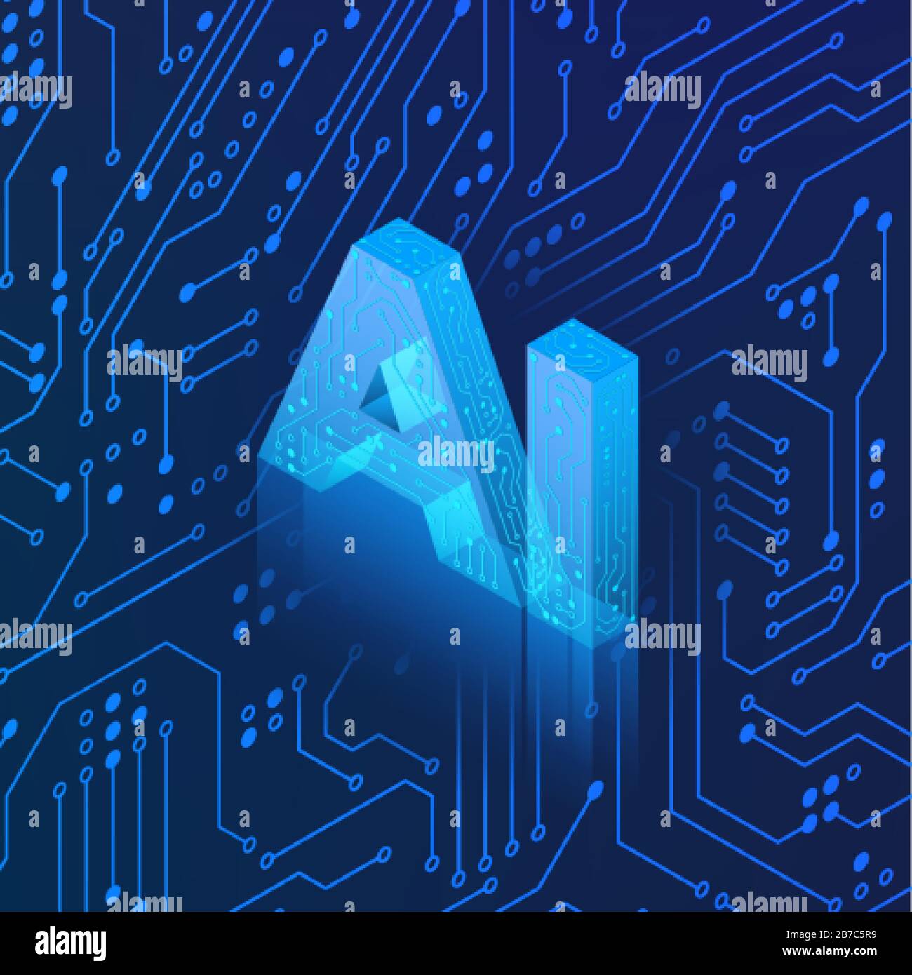 AI-Hologramm auf Kreishintergrund. Isometrisches Konzept Der Künstlichen Intelligenz. Blauer Technologiehintergrund. Maschinelles Lernen. Vektor Stock Vektor