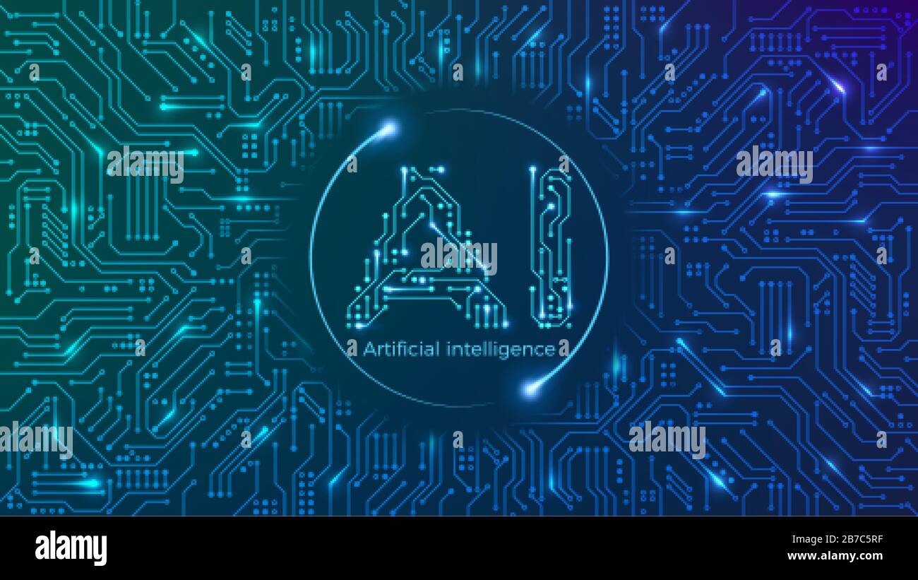 Konzept der künstlichen Intelligenz. Maschinenkinder. Hintergrund der Platine mit AI-Logo. Vektorgrafiken Stock Vektor