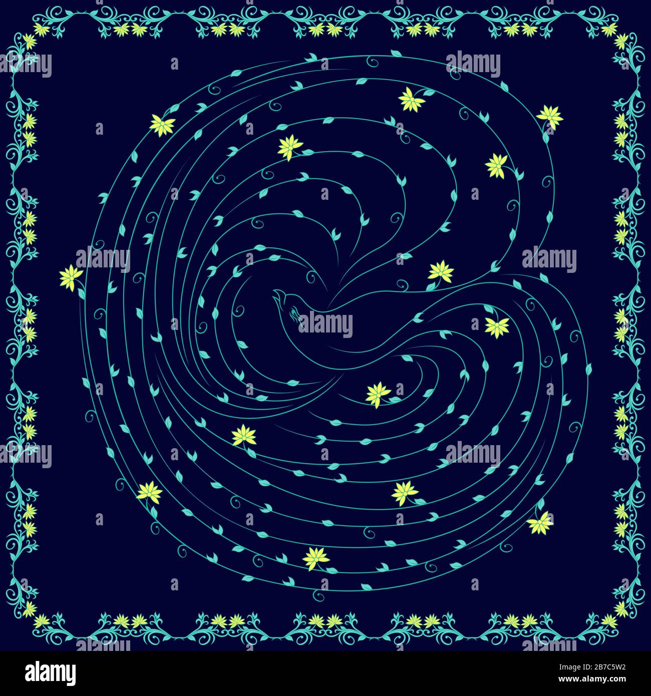 Schöner Vogel, dessen Flügel und Schwanz mit Blumenelementen in Türkis mit gelben Blumen auf dem dunkelblauen Hintergrund, umrahmt von einem Rahmen Stock Vektor