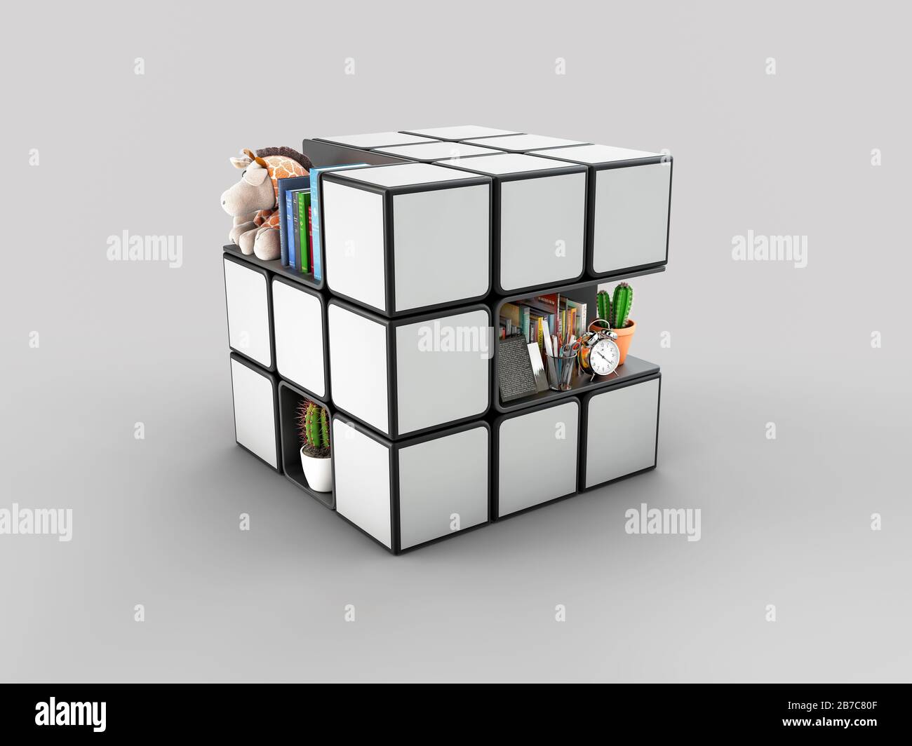 3D Rendering von Rubik Cube mit Regalen, kann für Business Concept, Bildung und Clipping-Pfad enthalten. Stockfoto