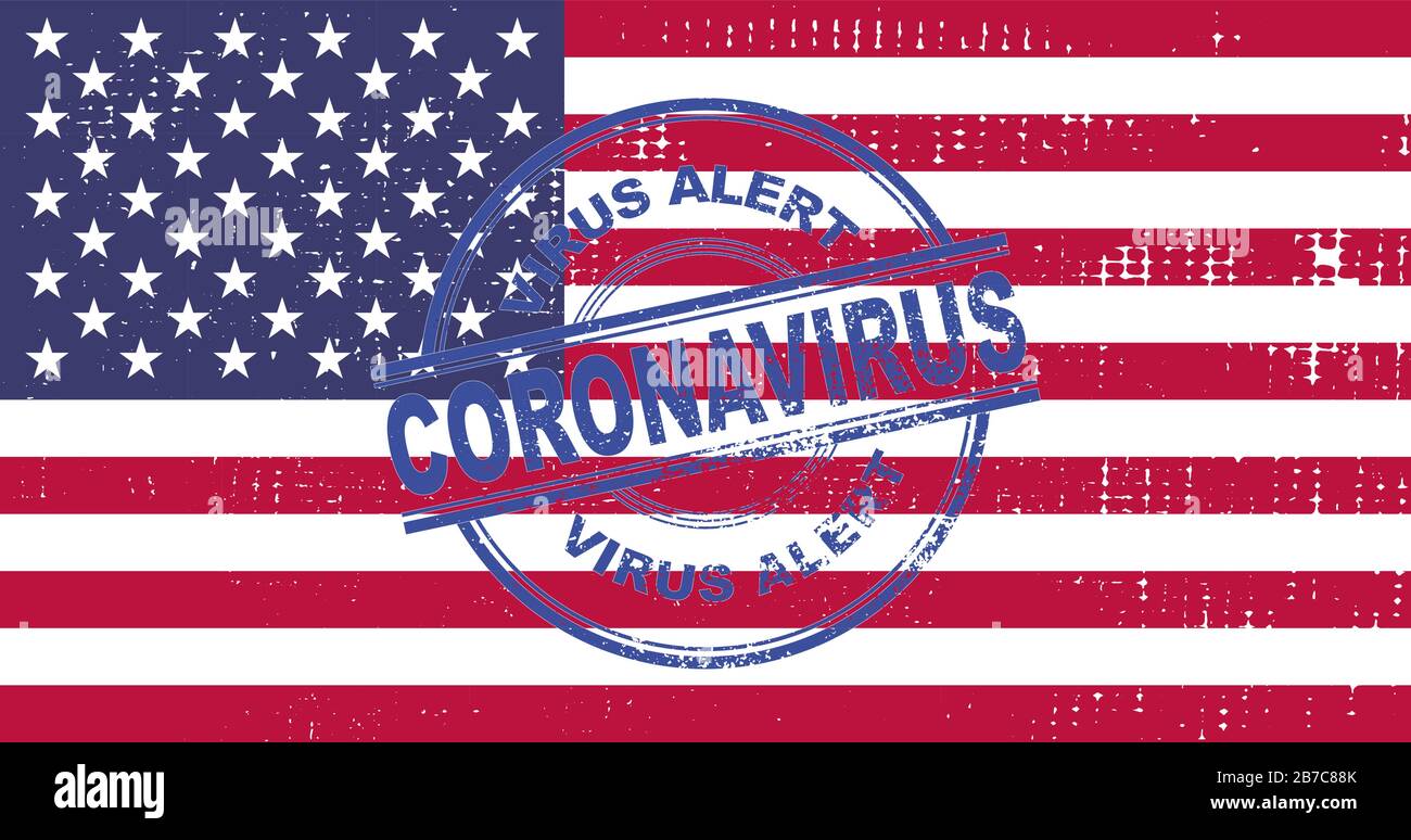 Alarmstempel des Coronavirus. Covic-19-Alarm in den Vereinigten Staaten. Vektorgrafiken mit US-Flaggenhintergrund. EPS 10 Stock Vektor