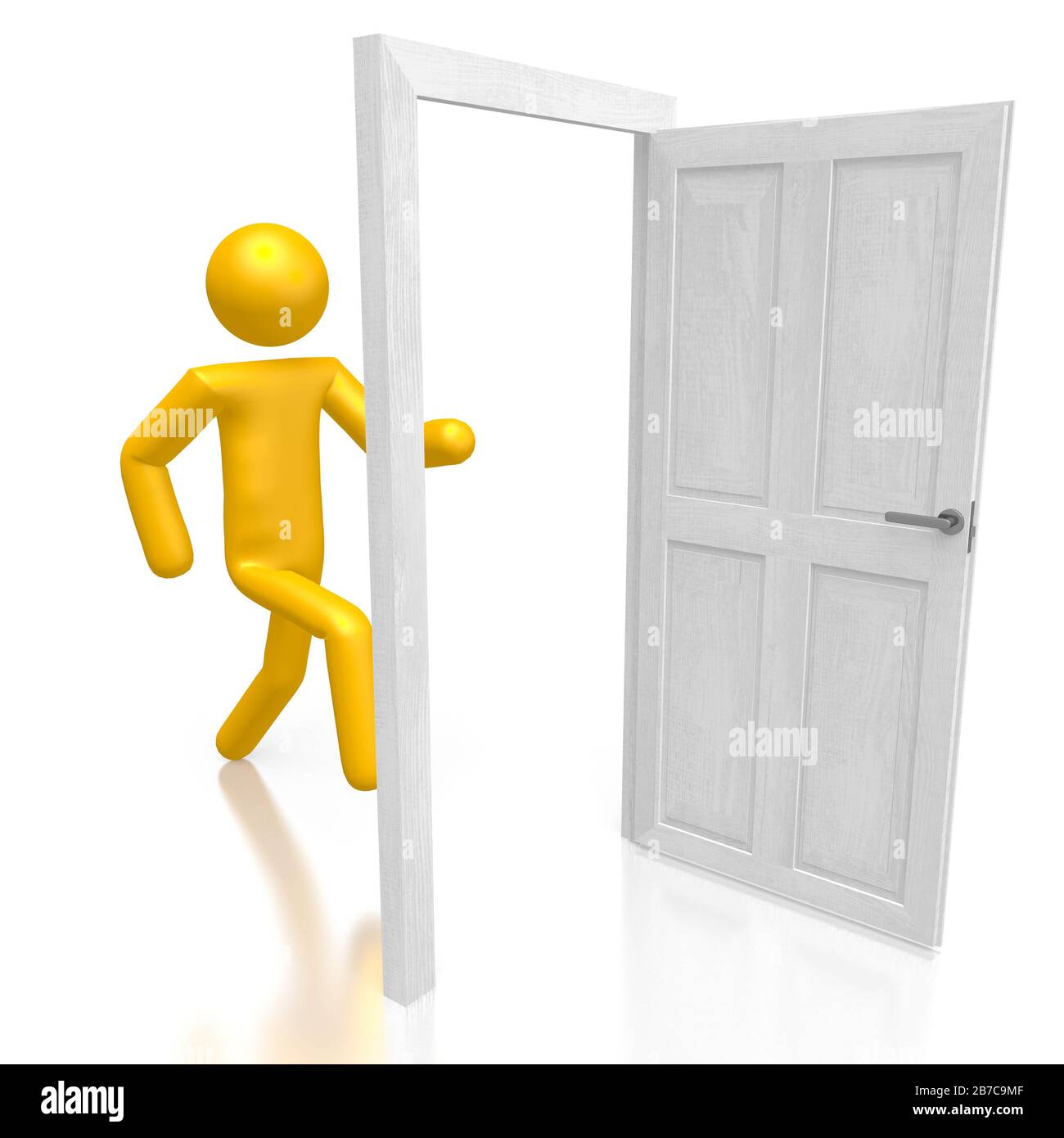 3D-Cartoon-Charakter, der durch die Tür geht Stockfoto