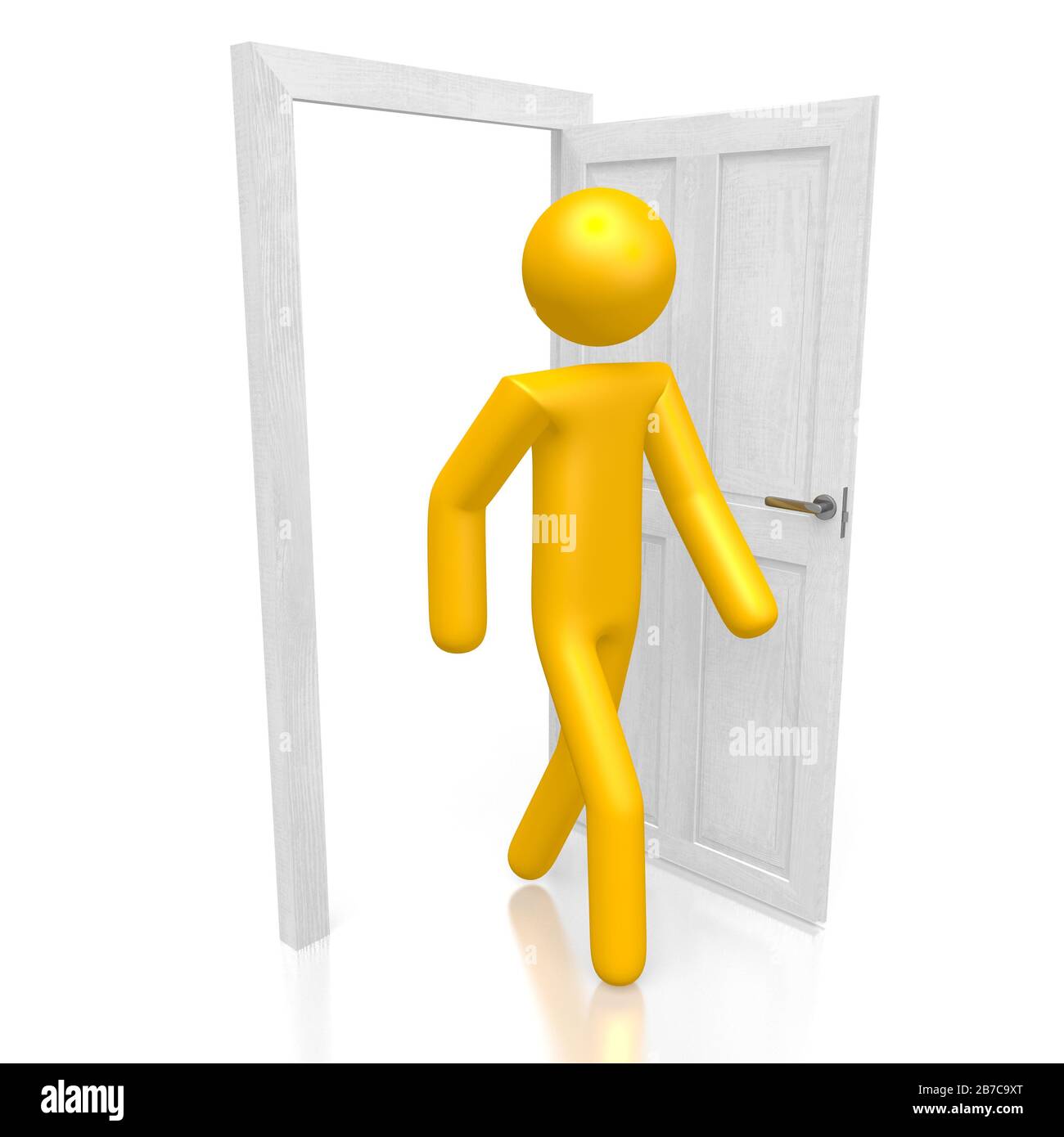 3D-Cartoon-Charakter, der durch eine Tür geht Stockfoto